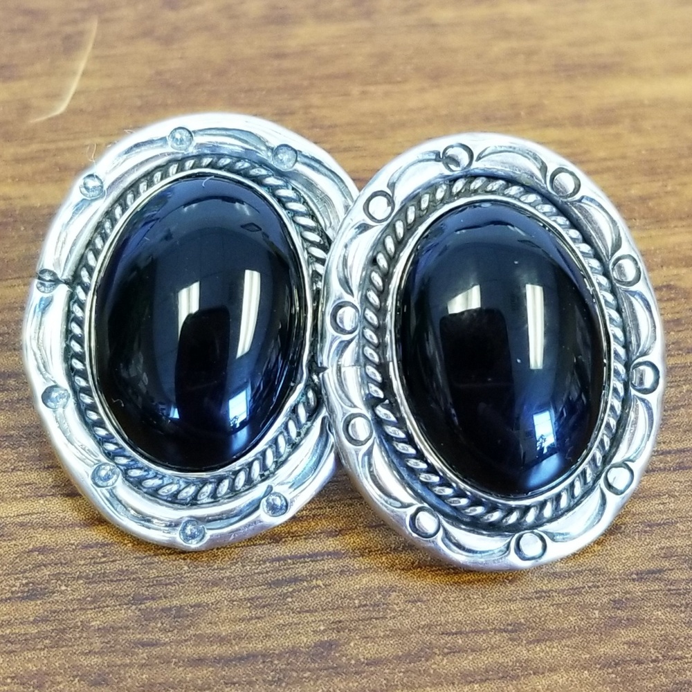 Black onyx stud back earrings, sterling silver